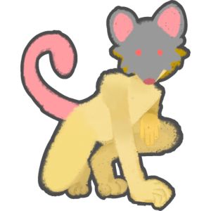 A creature crouching down with one paw up and one paw down, they have a yellow body, a grey rat mask on their face, and a skinny pink tail.